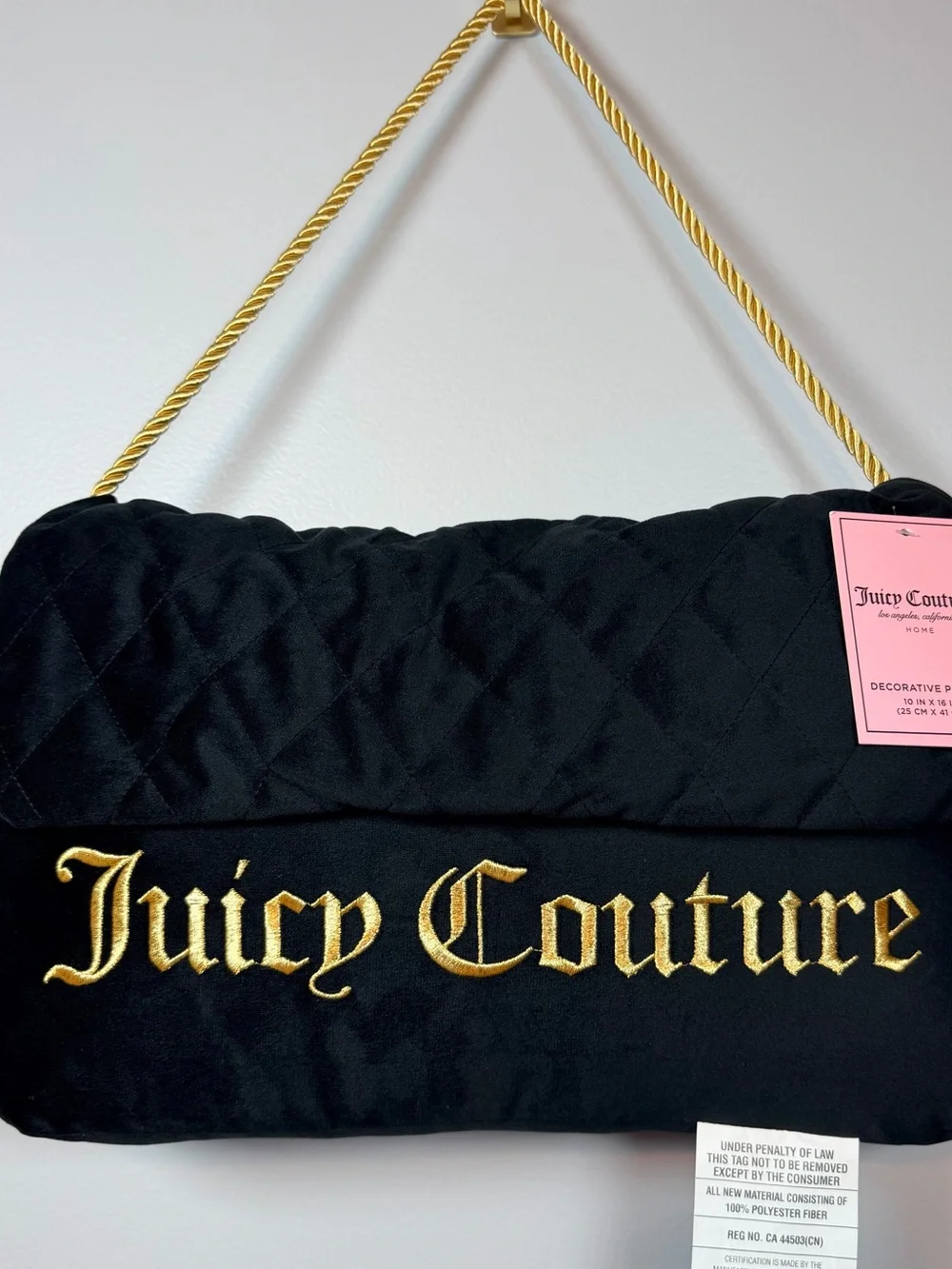 Juicy Couture Home Black Purse Decorative Pillow Gold Logo NWT 10x16